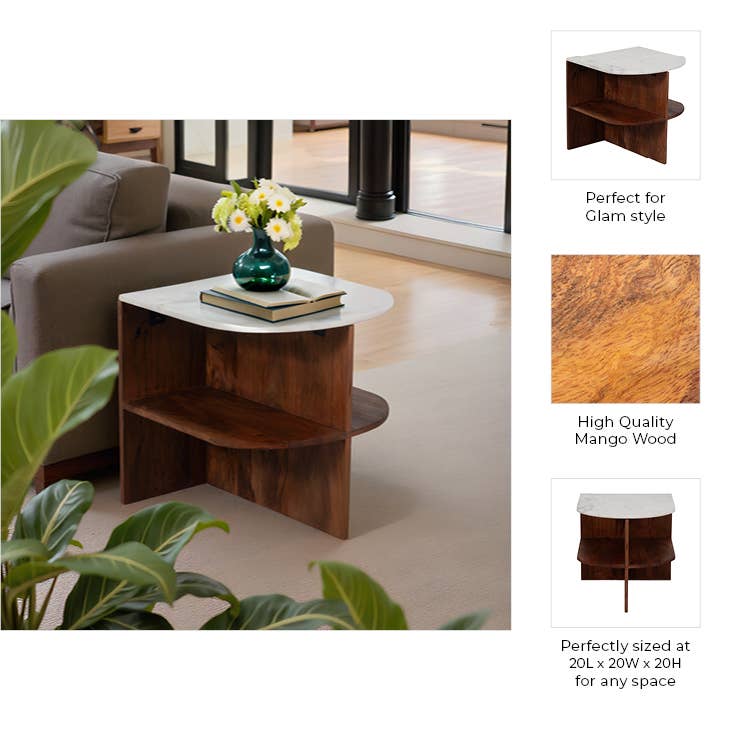 20" in Brown Mango Wood/Marble Half Round Side Table