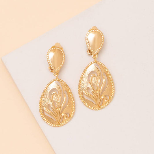 Textured Cutout Leaf Teardrop Clip On Earrings
