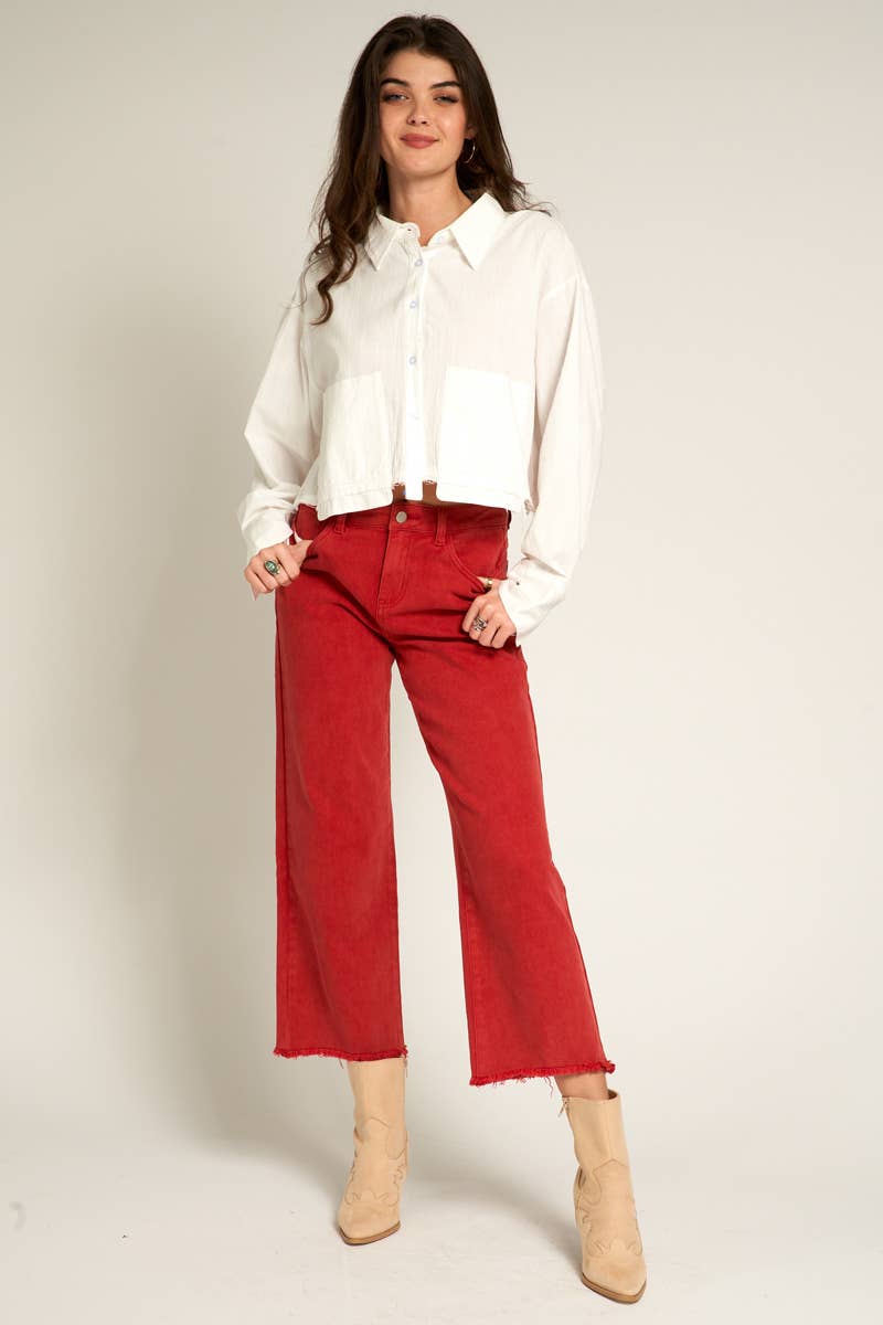 Red Cropped Frayed Hem Jeans