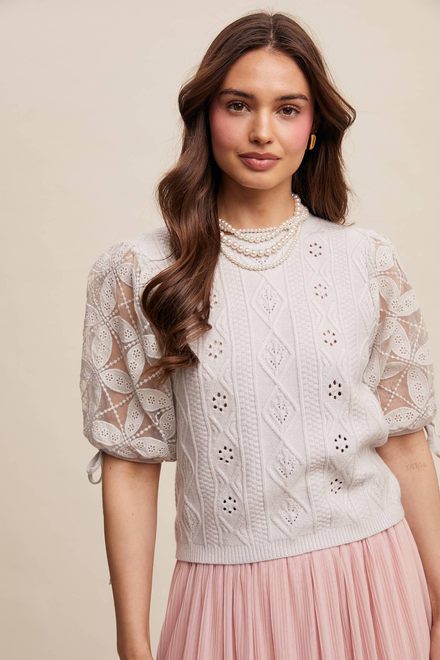 Eyelet Puff Sleeve Knit Sweater Top