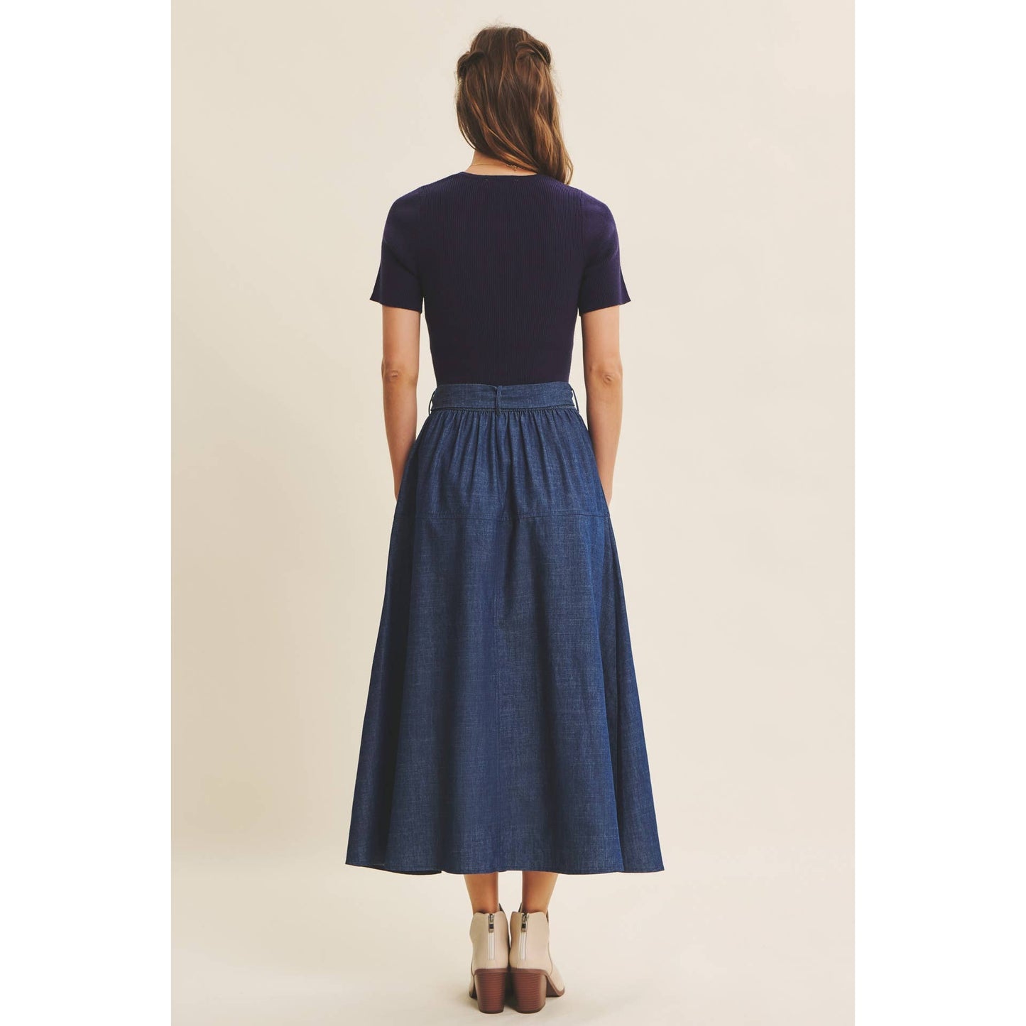 EFFORTLESS MIX OF COZY AND POLISHED TWOFER DENIM DRESS