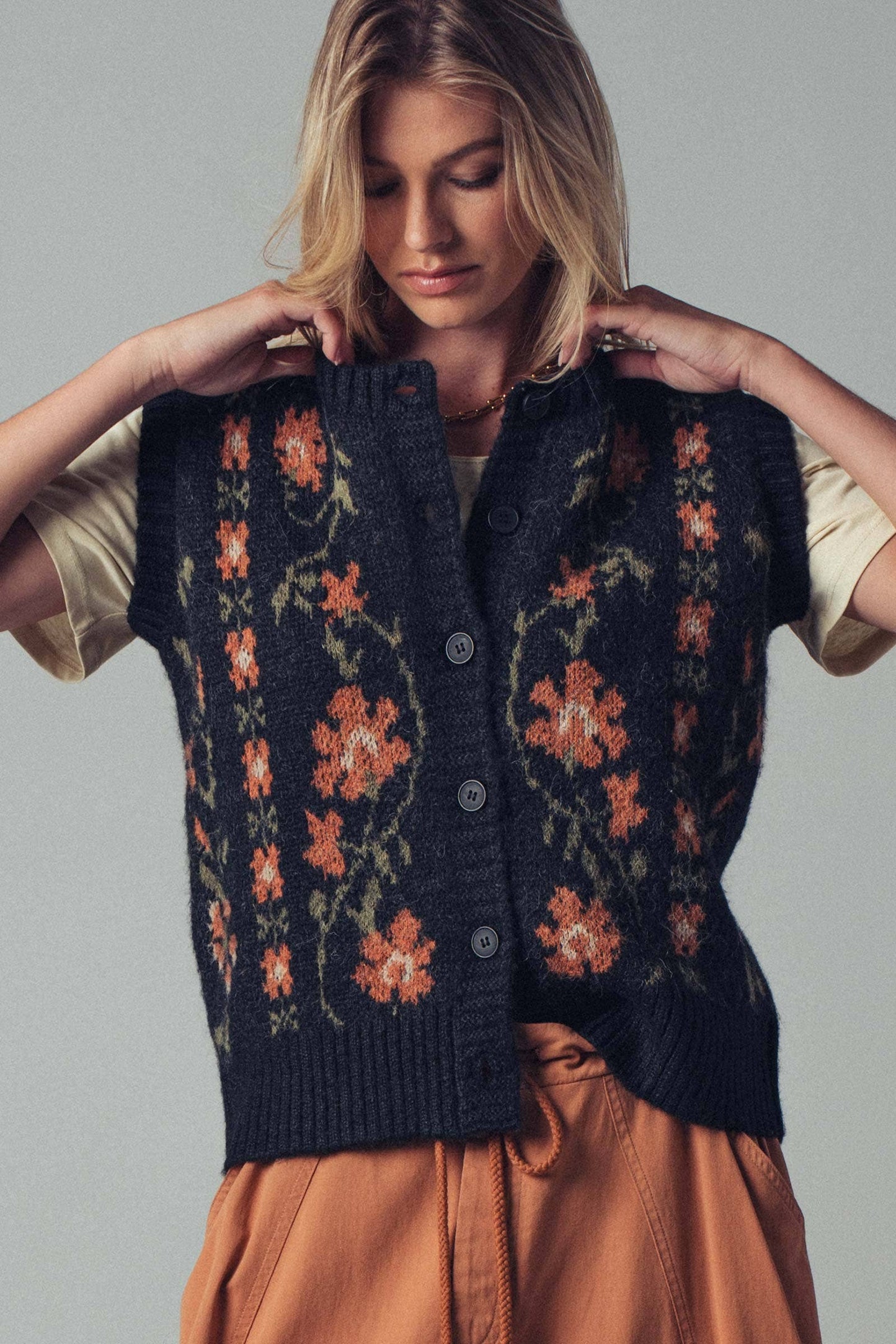 Floral Knit Button-Up Sweater Vest