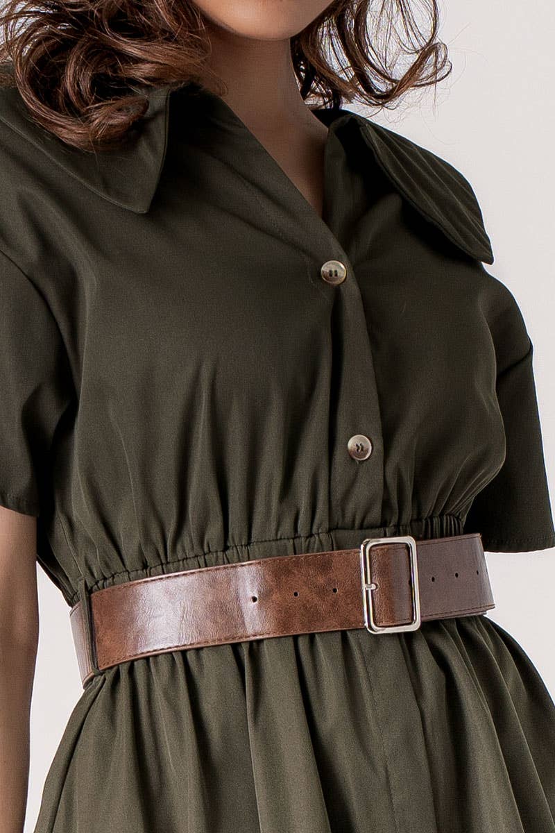 Exaggerated Collar Spring Shirt Belted Midi Dress
