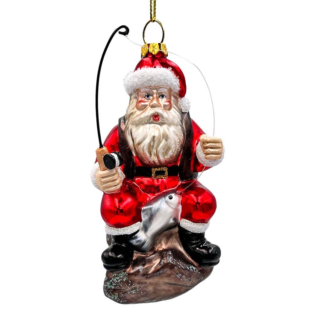Relaxing Santa Claus Fishing Glass Ornament