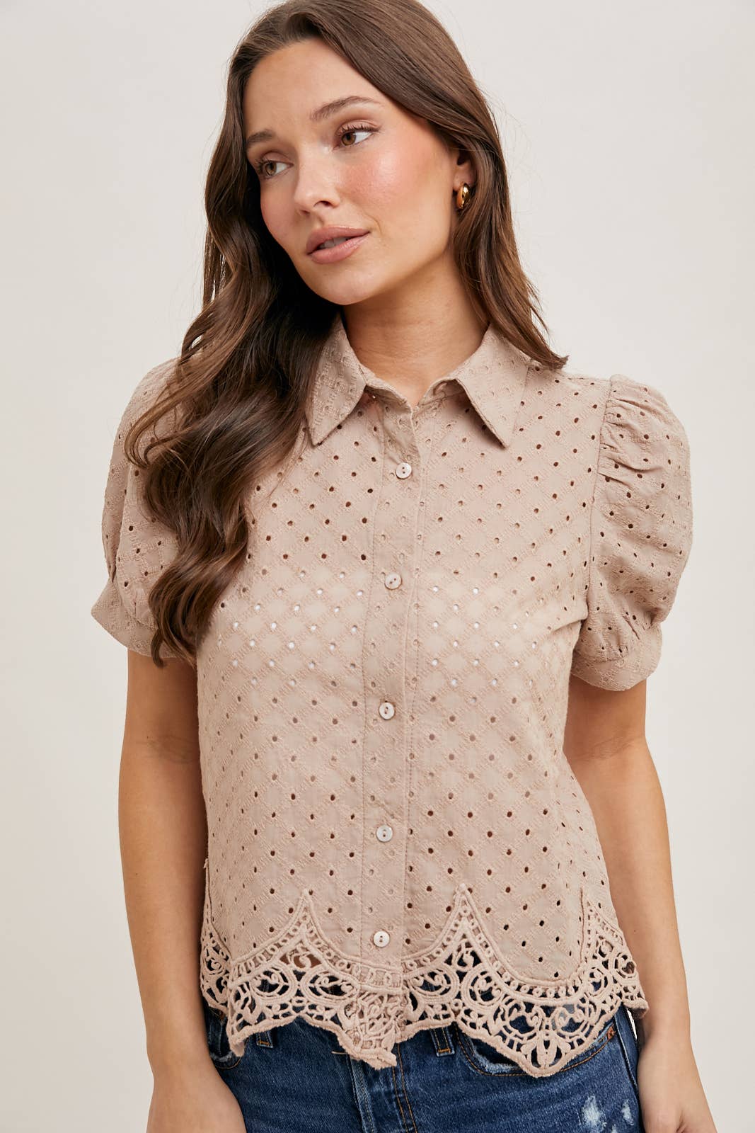 EYELET LACE TRIMMED BUBBLE SLEEVE SHIRT BLOUSE