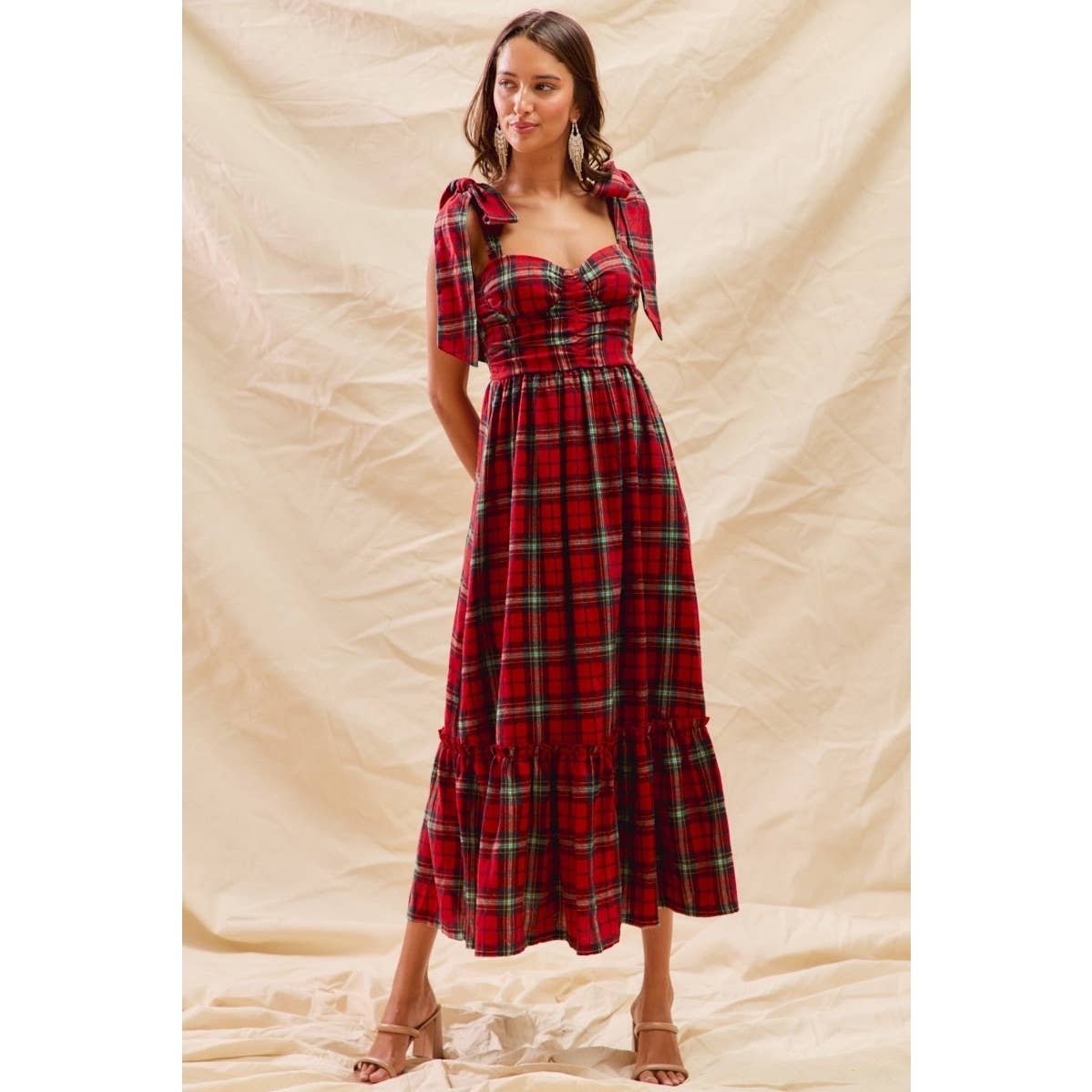 Christmas Check Plaid Woven Holiday Midi Dress