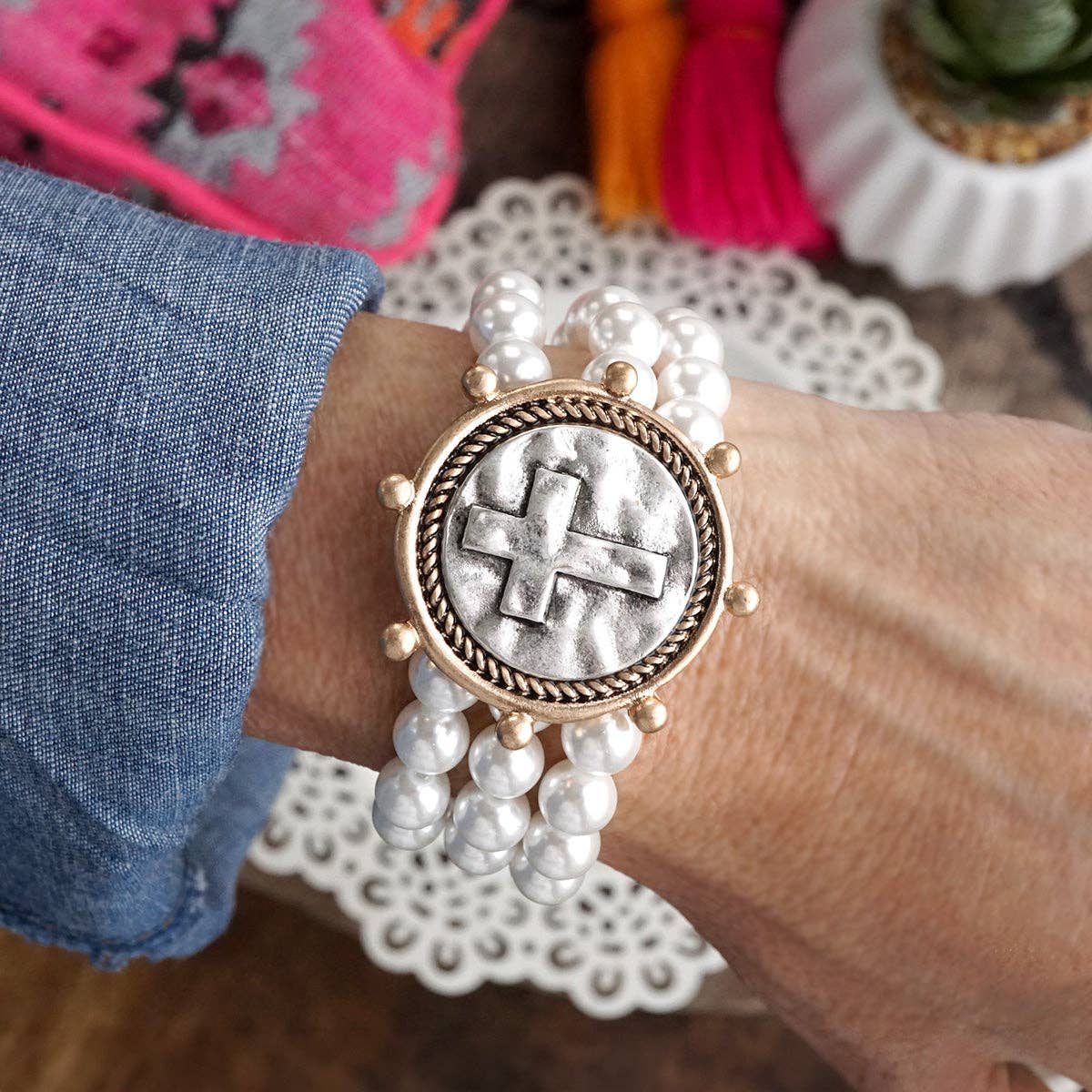 Gracebound – Cross Coin & Chunky Pearl 3-in-1 Statement Bracelet in Mixed Metals