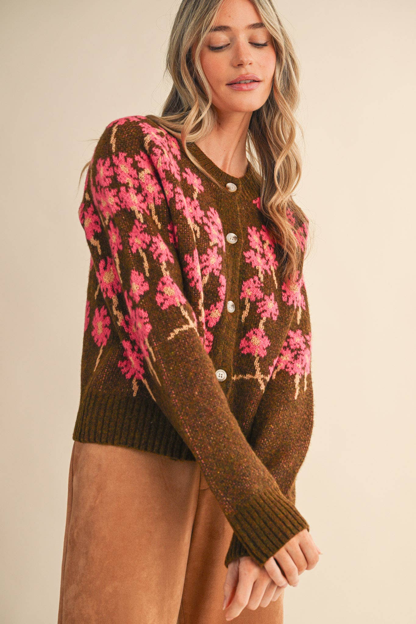 FLORAL KNIT BUTTON DOWN SWEATER CARDIGAN MSW11238