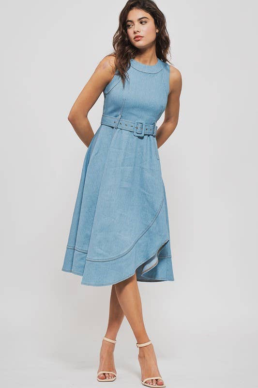 Fit and Flare Sleeveless Denim Midi Dress