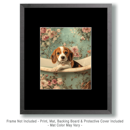 Beagle Puppy in Bathtub - 8″x10″ Artwork in 11″x14″ Antique Gold Frame