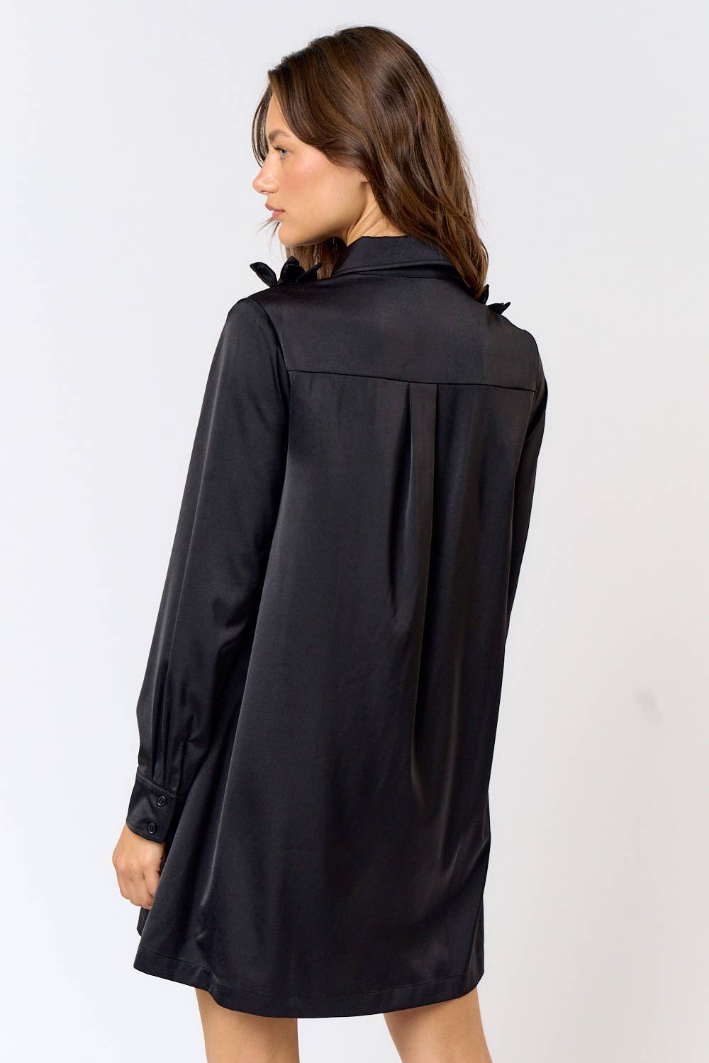 ILD4237 SATIN RUFFLE DETAIL BUTTON DOWN SHIRT DRESS