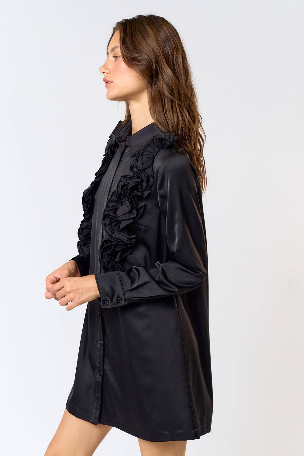 ILD4237 SATIN RUFFLE DETAIL BUTTON DOWN SHIRT DRESS