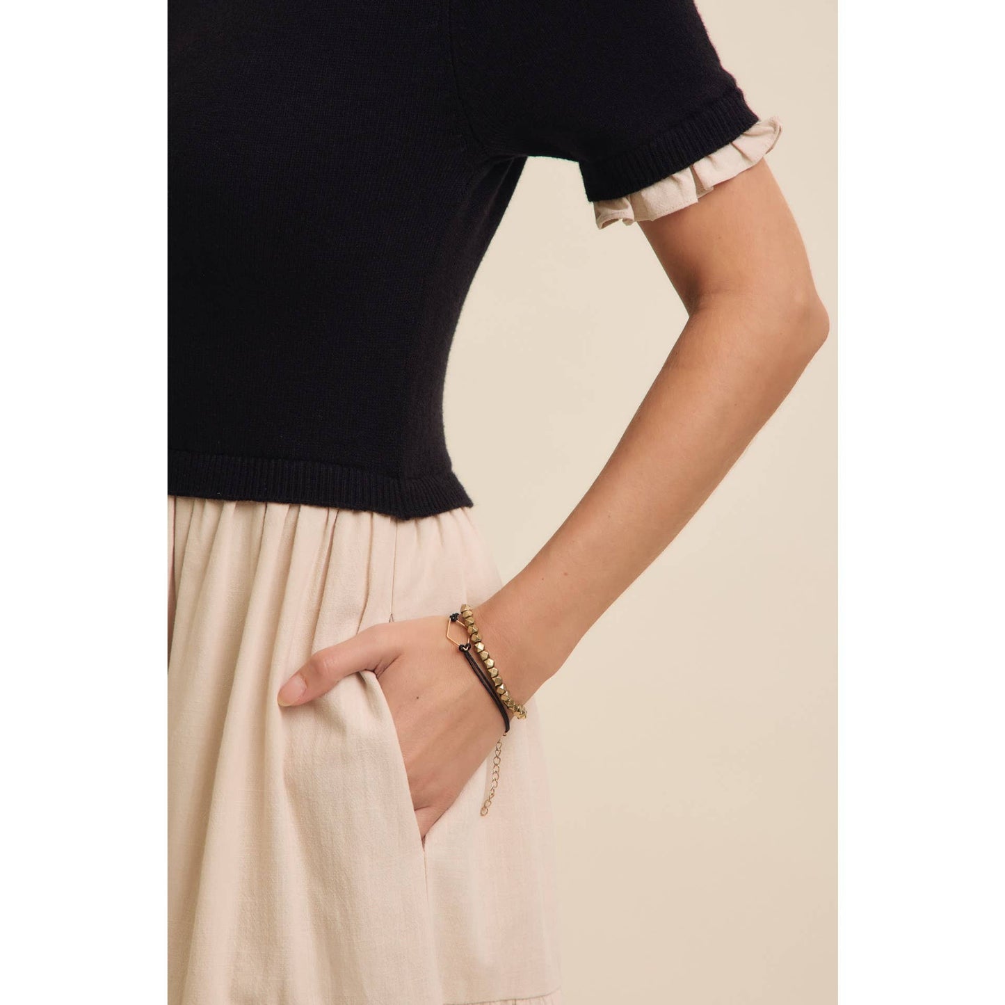 TIERED MIDI DRESS WITH SWEATER TOP AND WOVEN SKIRT