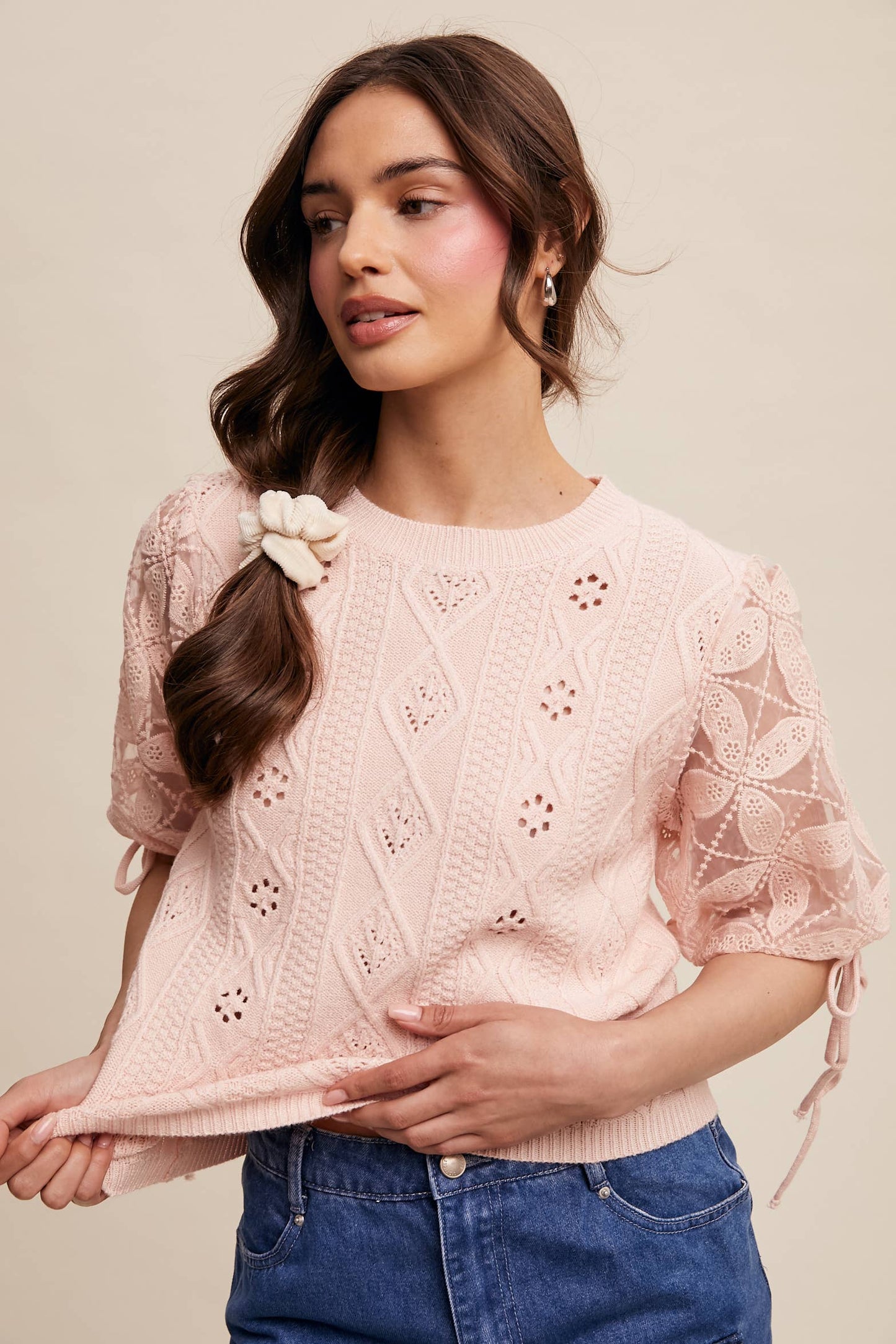 Eyelet Puff Sleeve Knit Sweater Top