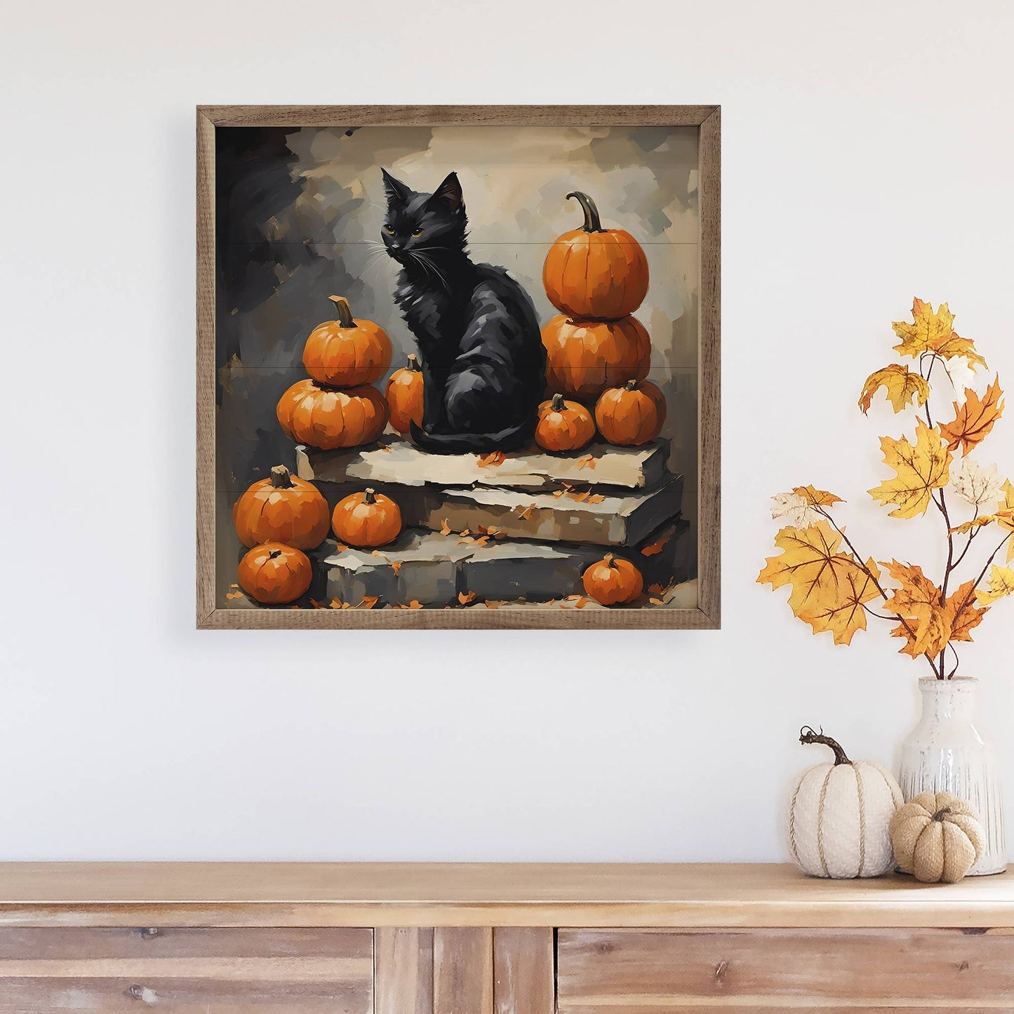 Black Cat With Pumpkin Stack