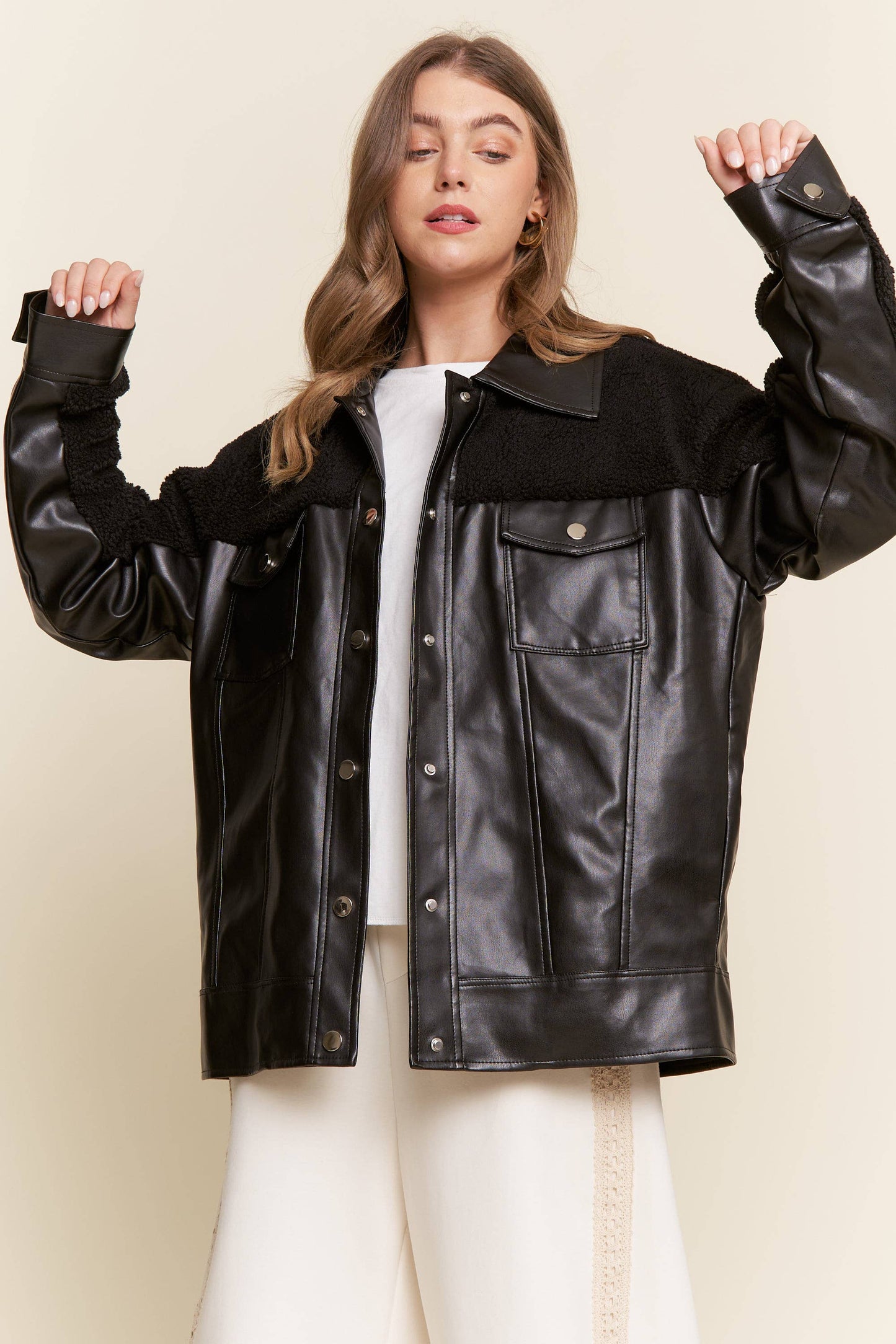 Black Faux Leather Sherpa Teddy Jacket