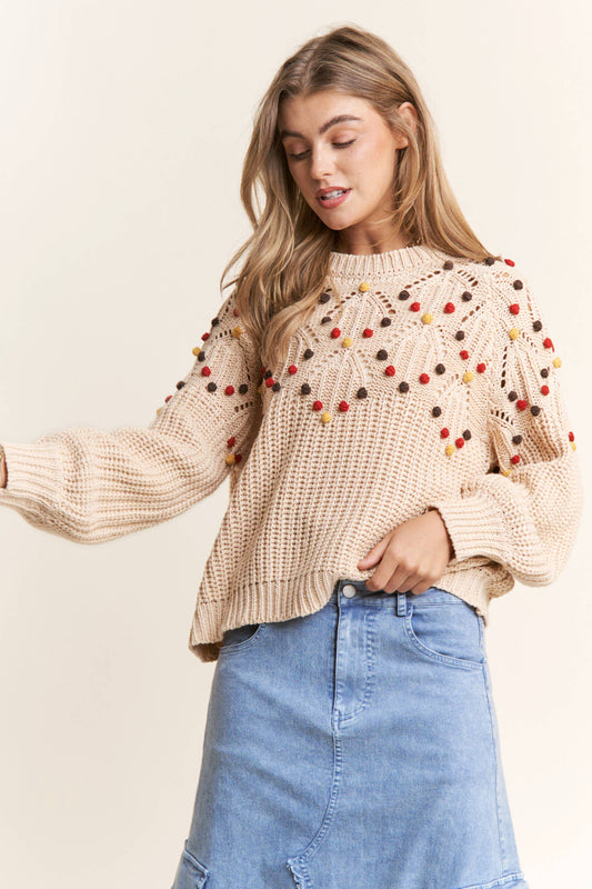 Eyelet Cable Knit PomPom Knit Sweater Top