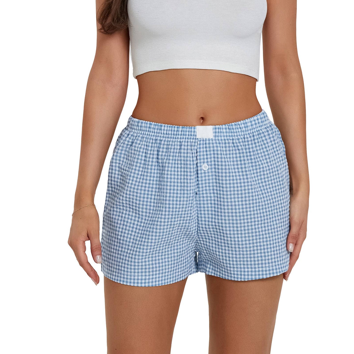 SPECIAL - Gingham Pull-On Boxer Shorts - Light Blue I S & M