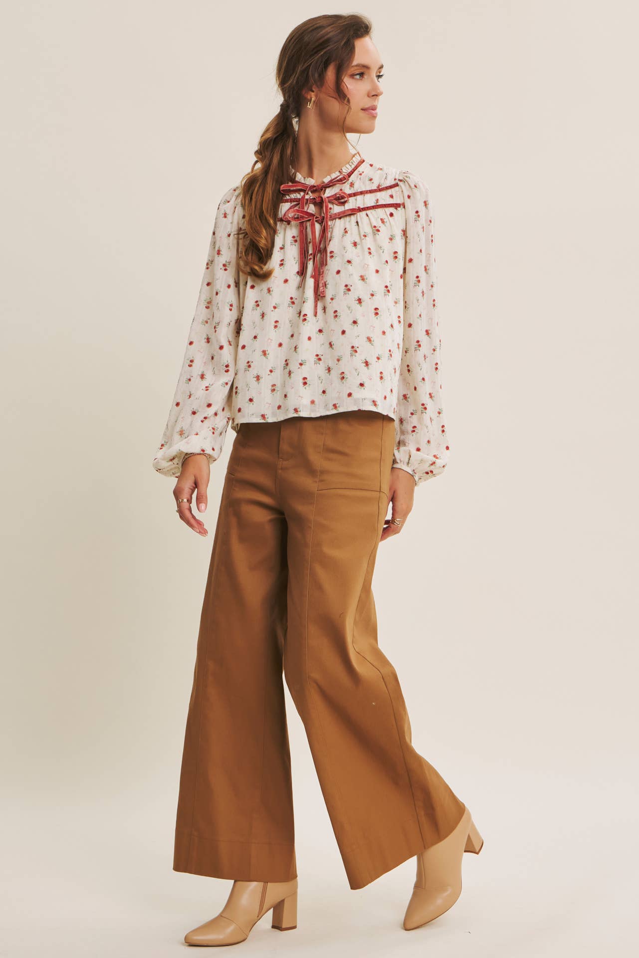BREEZY FALL DAYS VELVET FLORAL BLOUSE WITH DELICATE RUFFLES