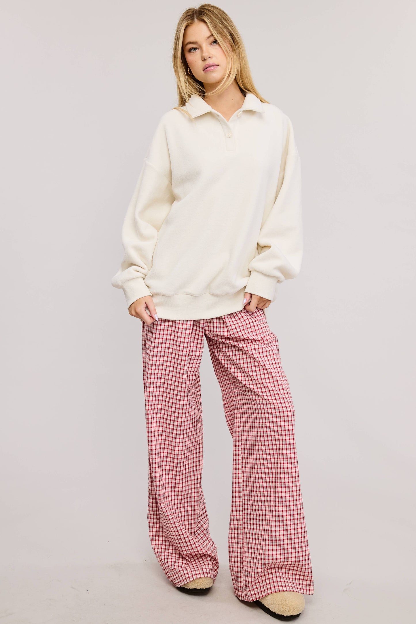 Teddy Velour Buttoned Collar Pullover Knit Sweater
