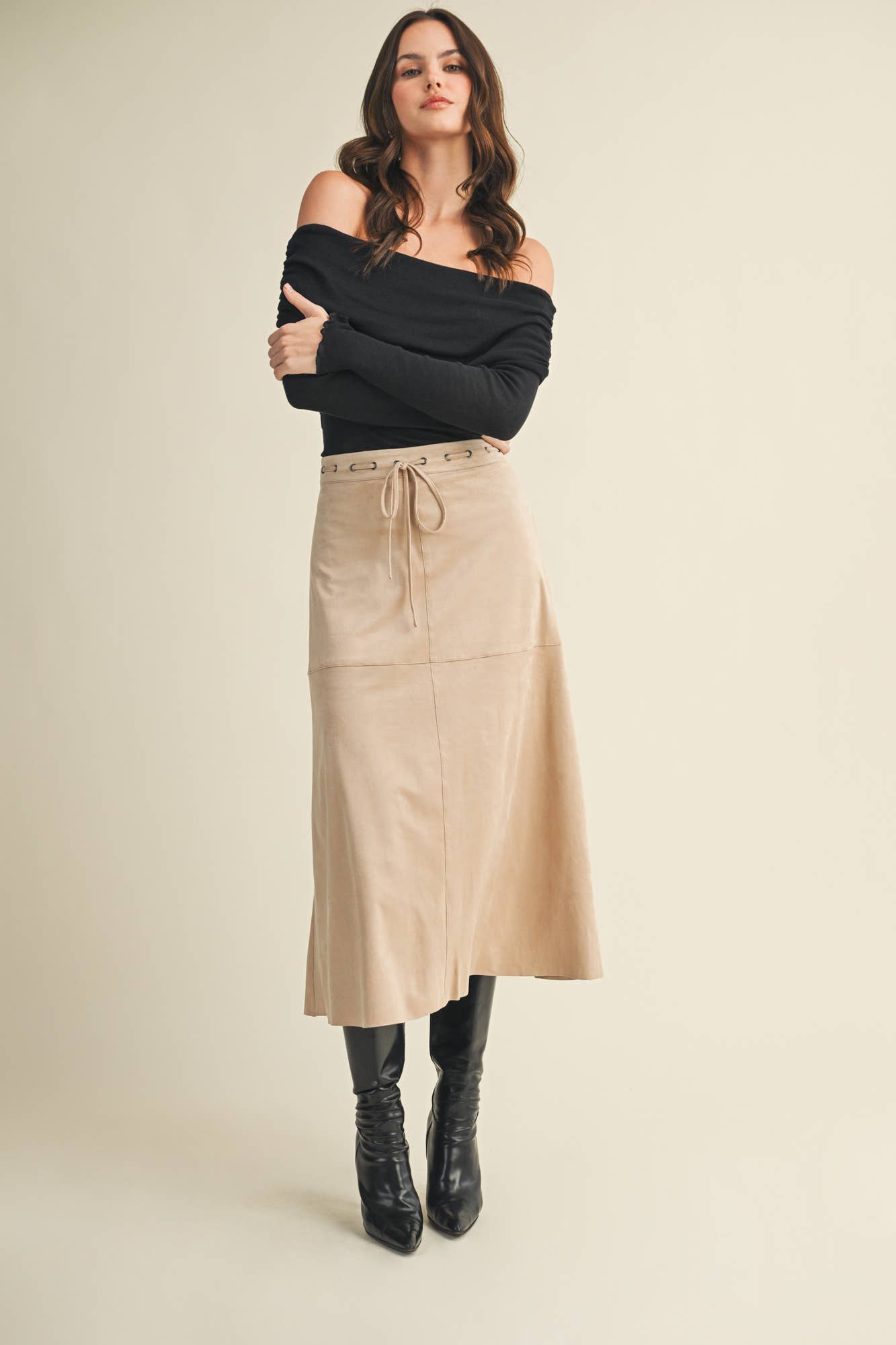 DRAWSTRING SUEDE A-LINE SKIRT