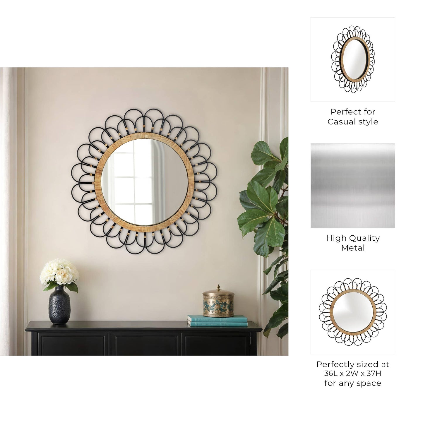 Black 36 in. Metal Round Daisy Wall Mirror