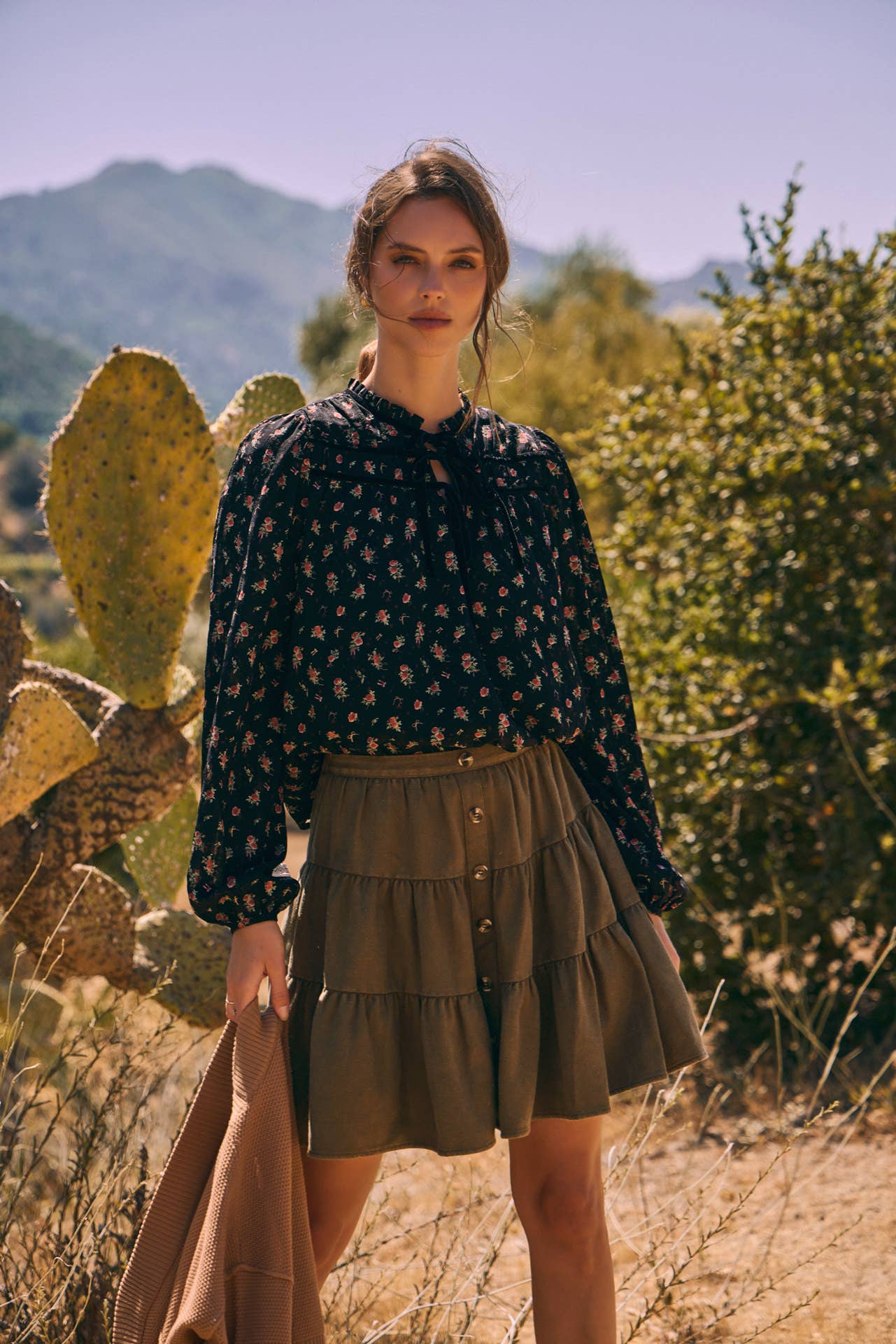 BREEZY FALL DAYS VELVET FLORAL BLOUSE WITH DELICATE RUFFLES