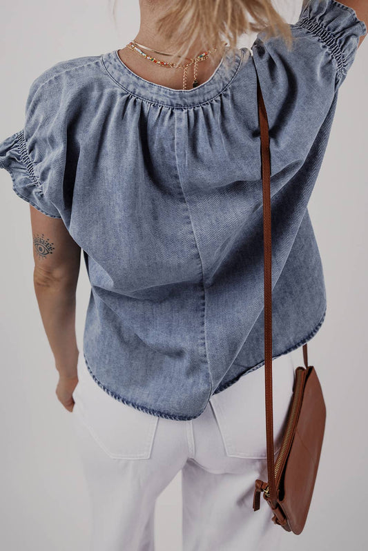 Ruffled Short Puff Sleeve Denim Top | S-XL
