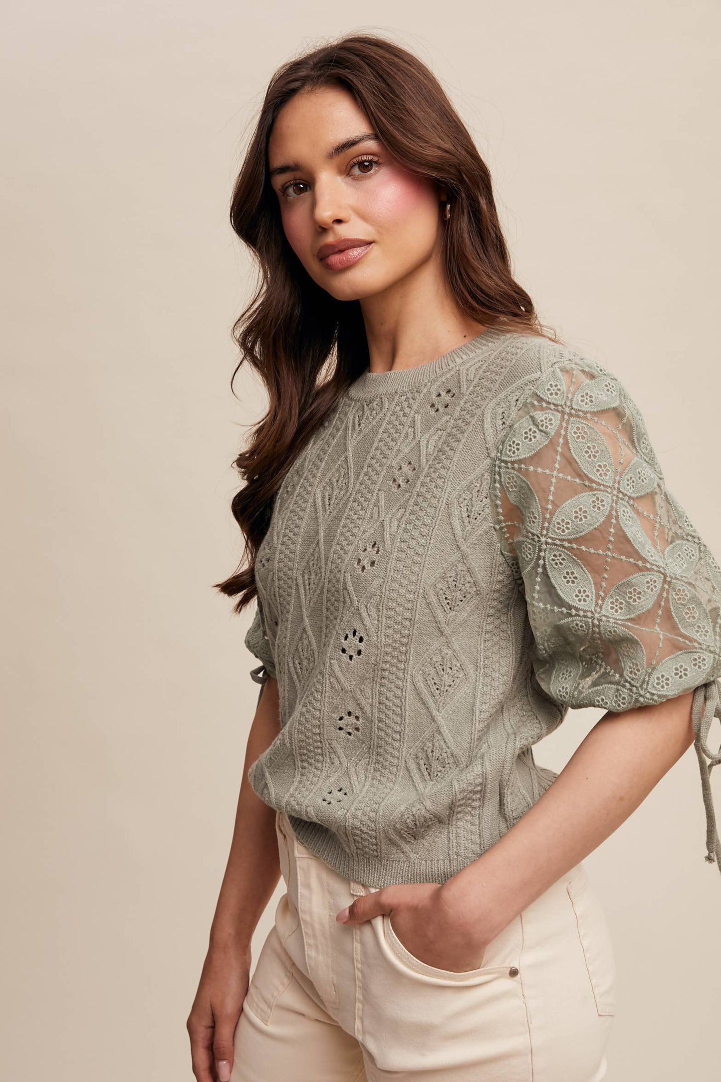 Eyelet Puff Sleeve Knit Sweater Top