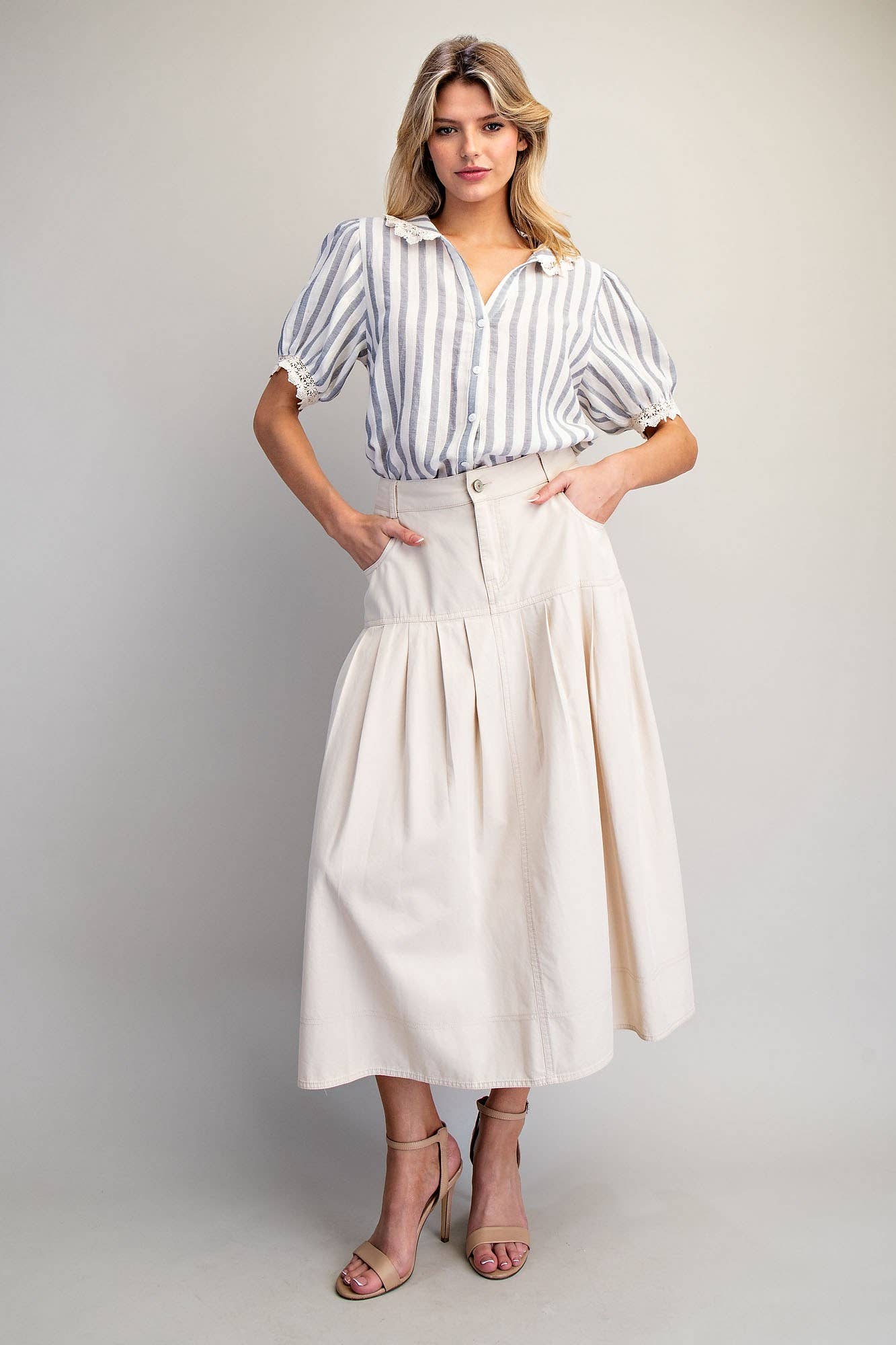 LACE TRIMMED STRIPED BUTTON DOWN SHIRT