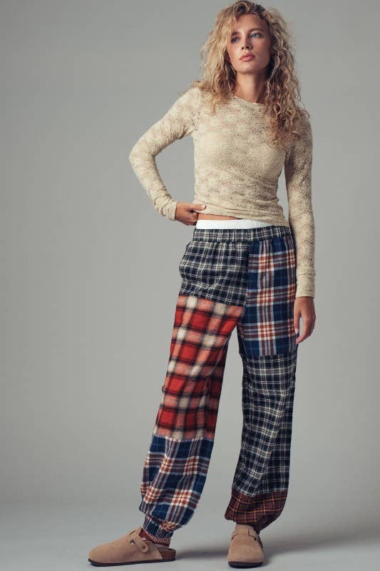 Mixed Plaid Patchwork Boho Jogger Pants