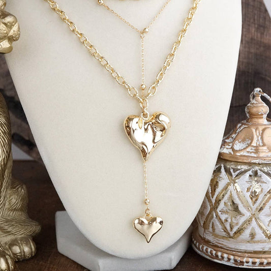 Flutter & Glow – Puffy Heart Lariat Layered Necklace in Gold