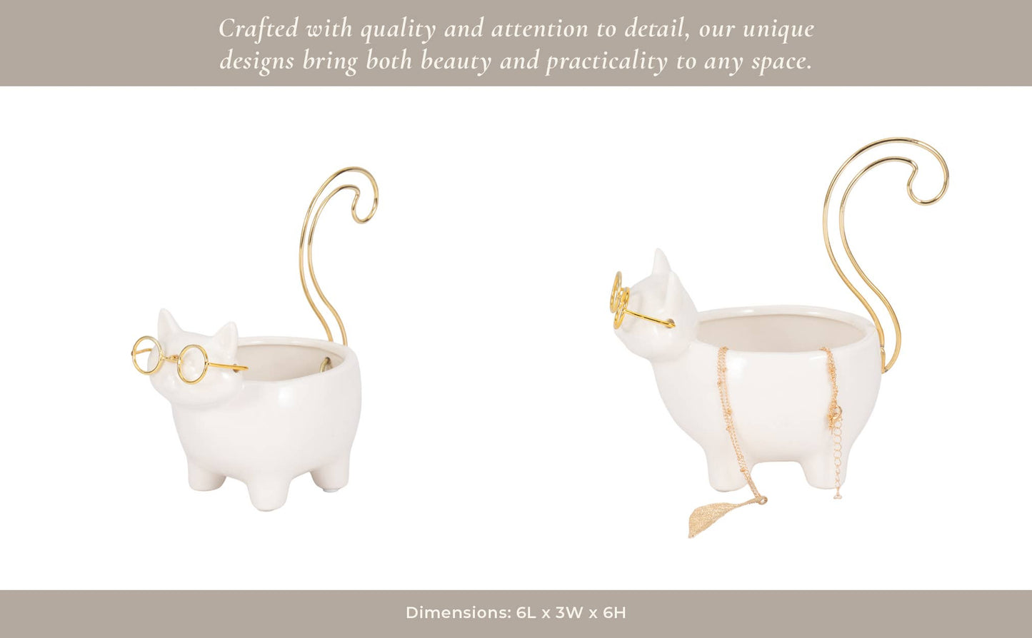 White/Gold 6 in. Ceramic Boho Kitty Trinket Dish