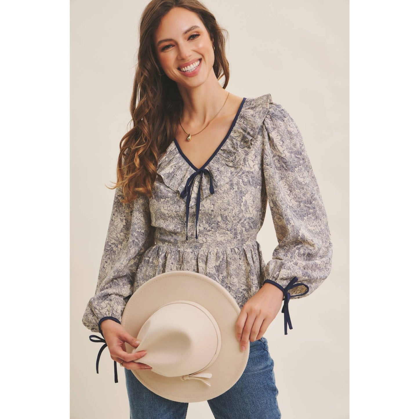 TOILE PRINTED BABYDOLL BLOUSE WITH BALLOON SLEEVES