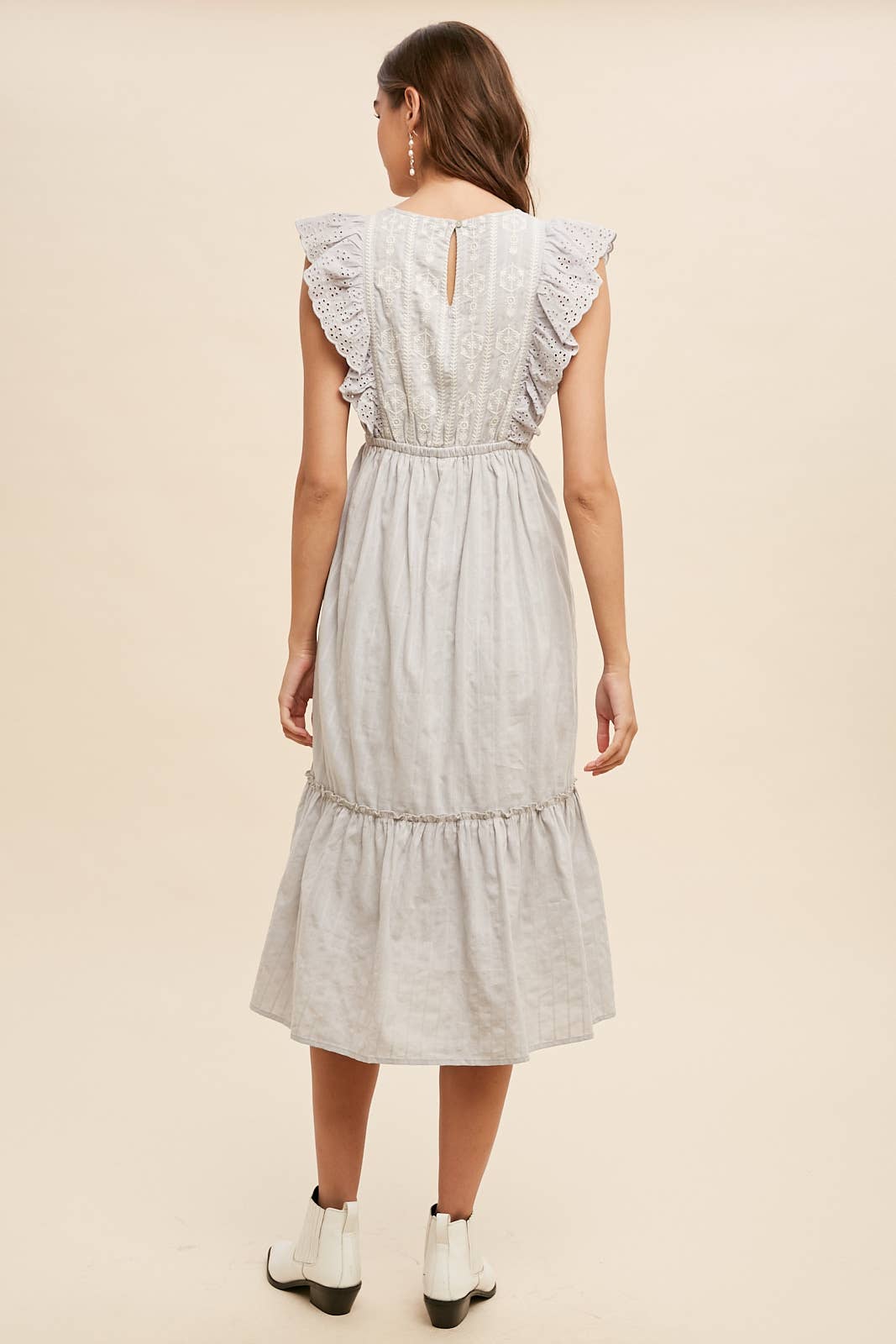 EYELET FLUTTER SLEEVE EMBROIDERED MIDI DRESS