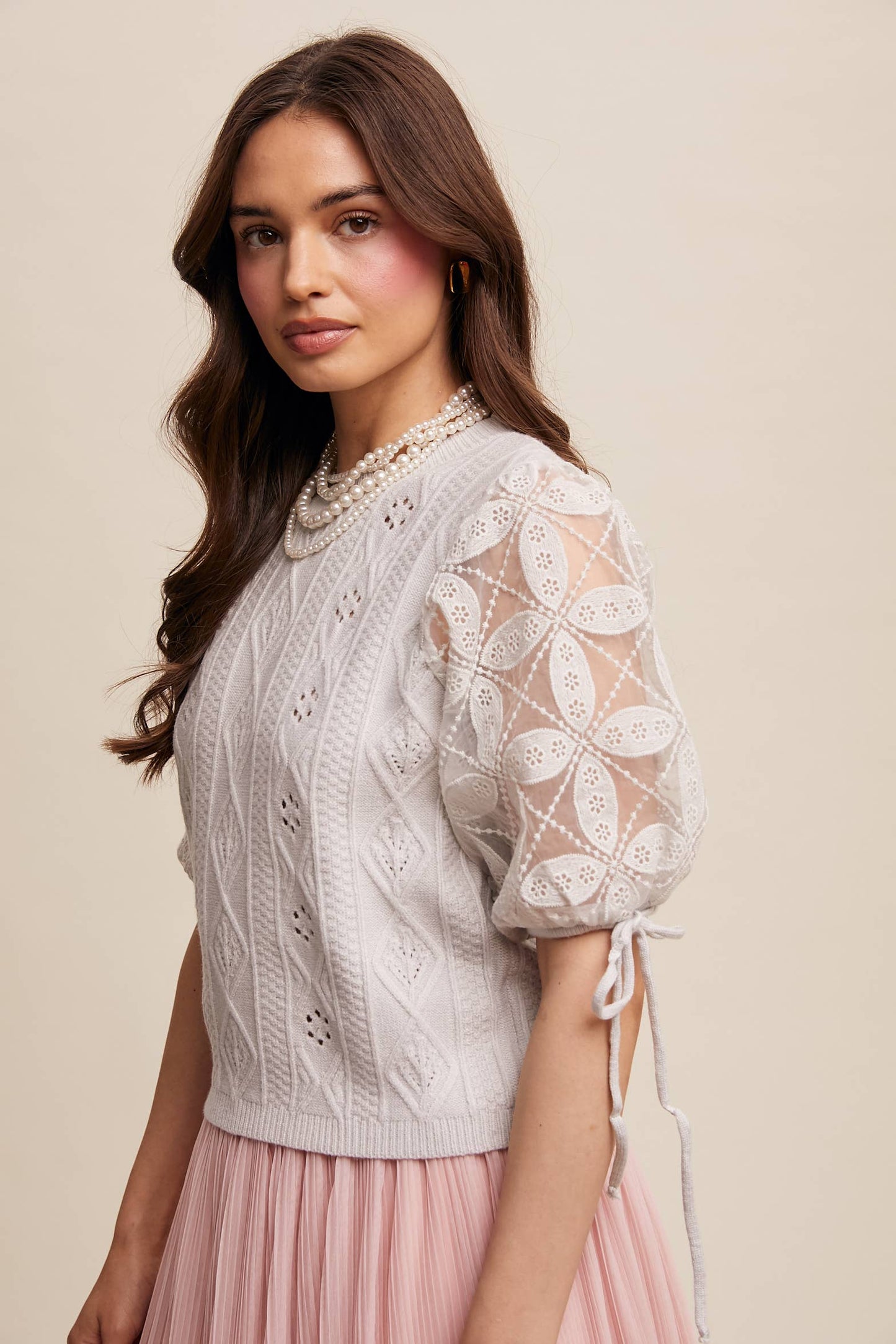 Eyelet Puff Sleeve Knit Sweater Top