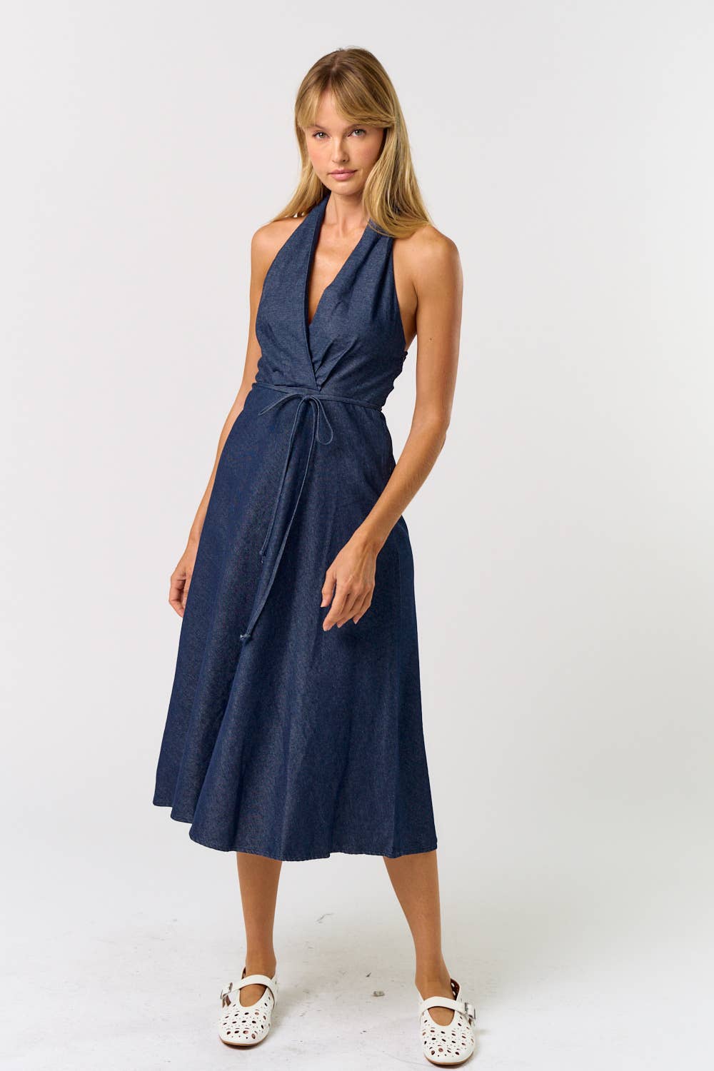 ILD5158 HALTER NECK DENIM MAXI DRESS