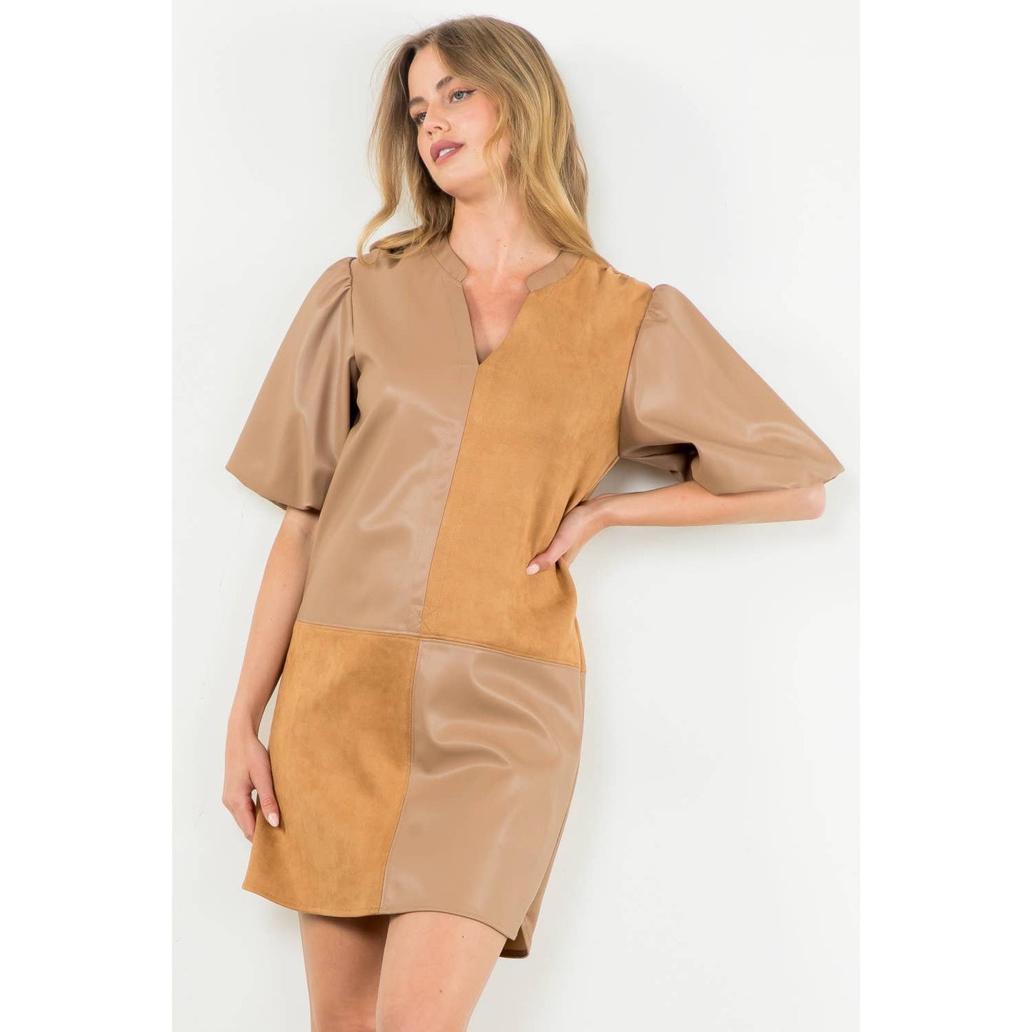 Mixed Media Puff Sleeve Dress