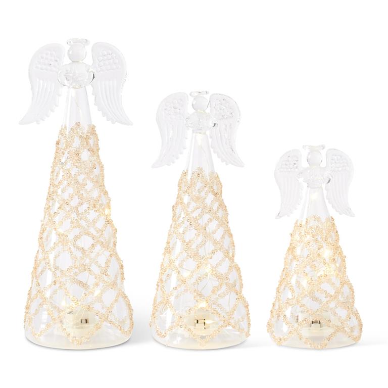 Set of 3 Glass Lattice Gold Bead LED Tall Angels w/ Timer