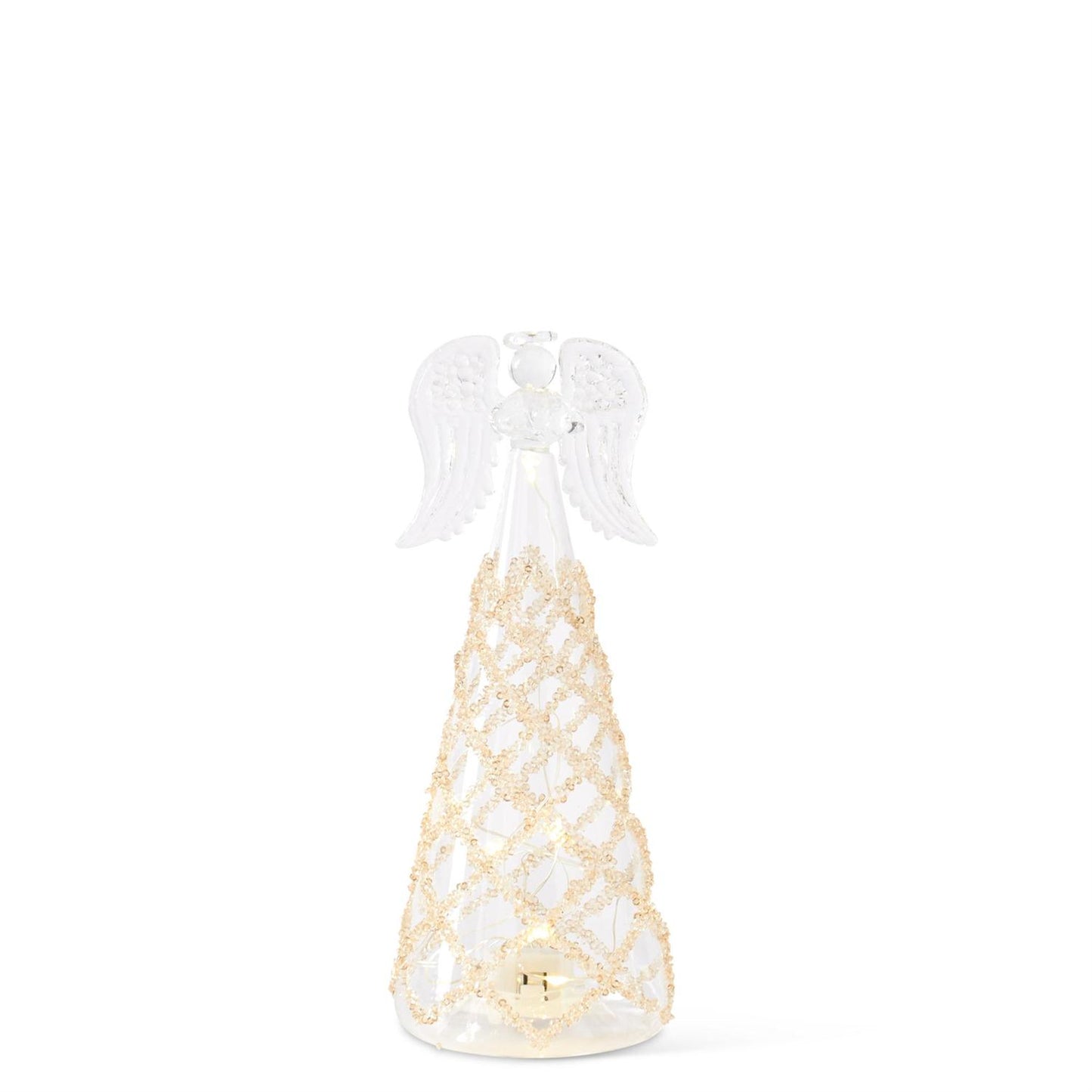 Set of 3 Glass Lattice Gold Bead LED Tall Angels w/ Timer