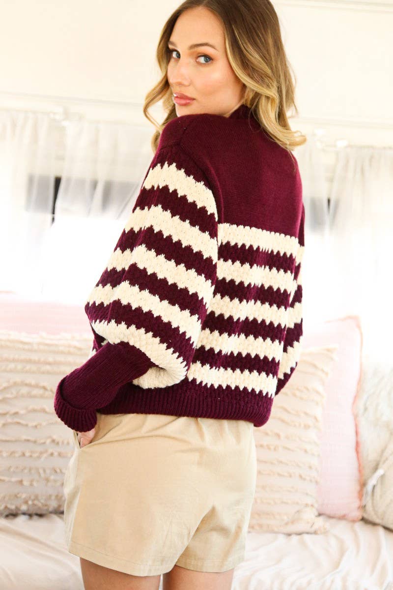 Ribbed Mock Neck Textured Striped Knitted Sweater VT70332