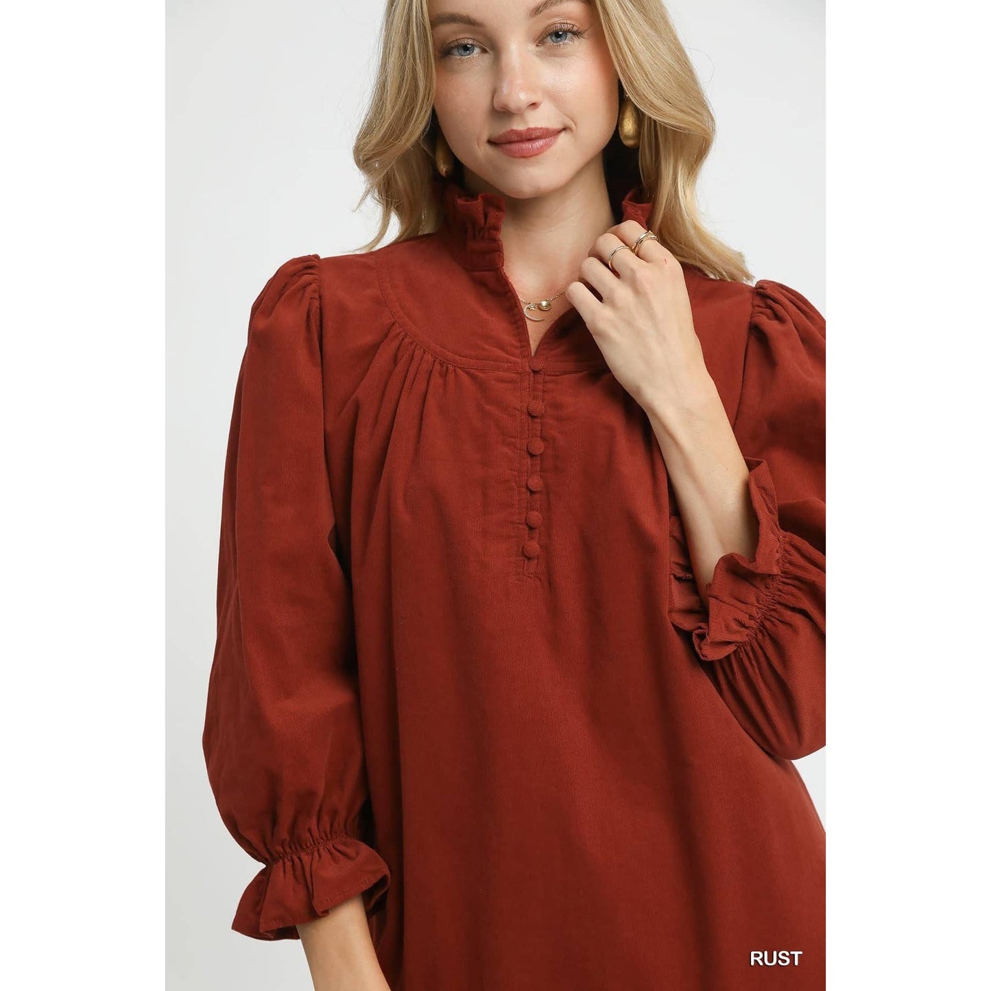 Corduroy Ruffle Mock Neck Puff Sleeve Tiered Dress