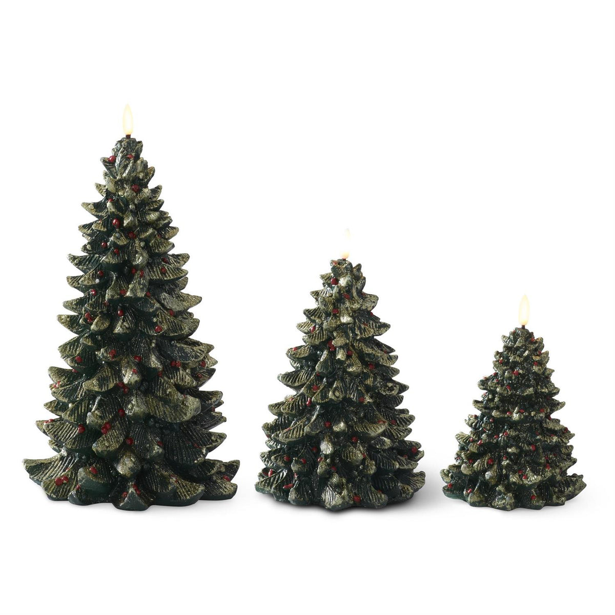 Gold Glittered Green Resin LED Christmas Trees w/ Red Ornaments - 3 sizes
