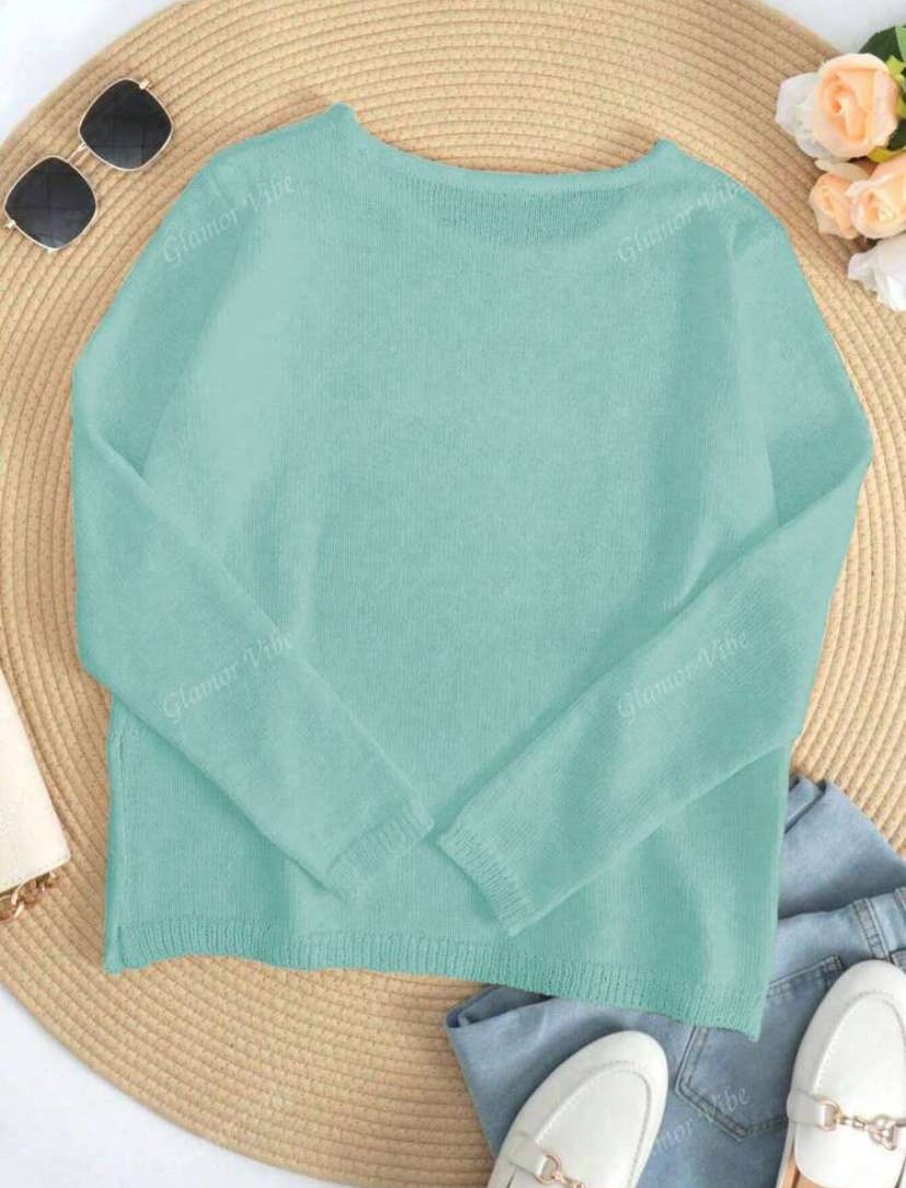 "BEACH" Round Neck Cutout Knitted Top