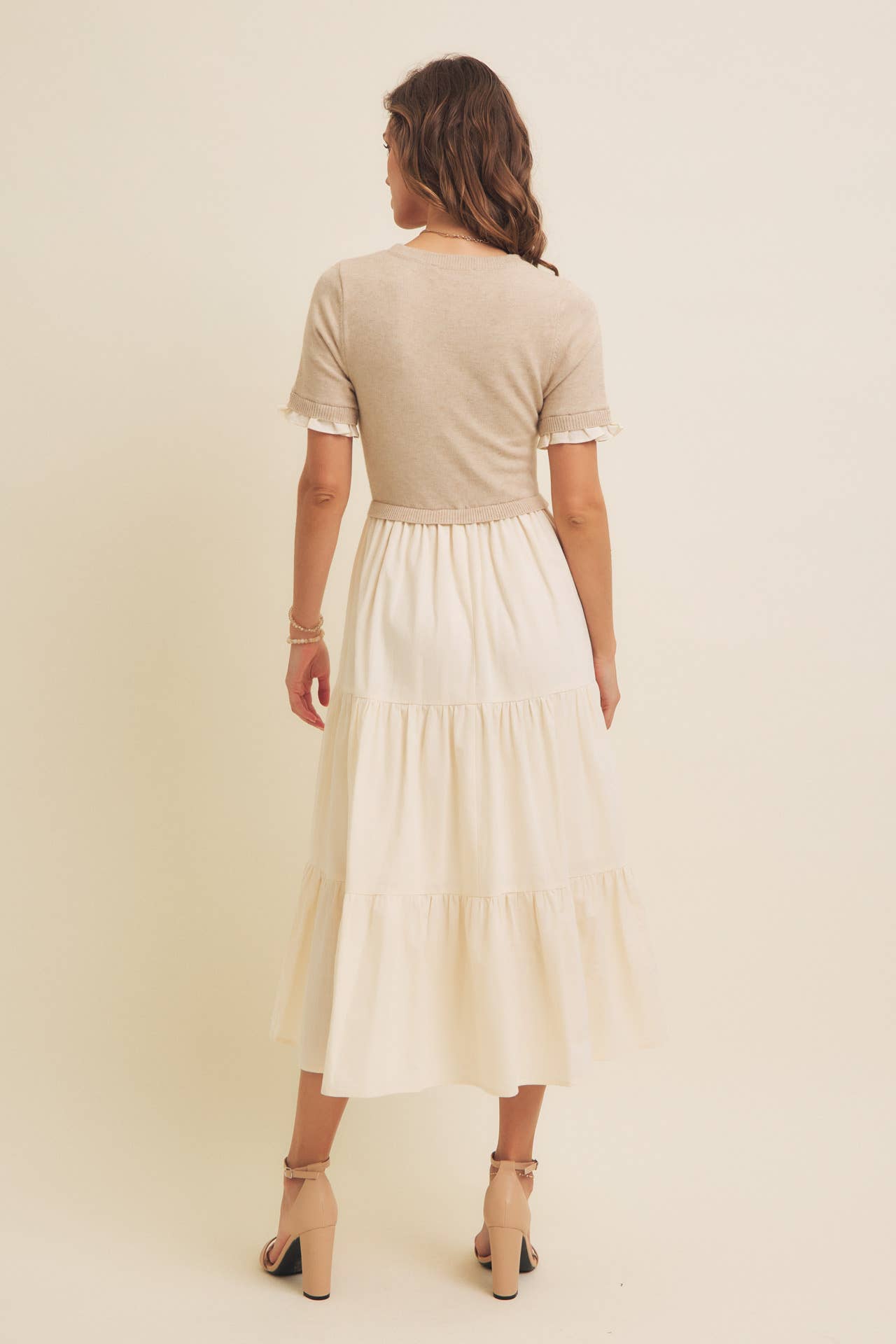 TIERED MIDI DRESS WITH SWEATER TOP AND WOVEN SKIRT