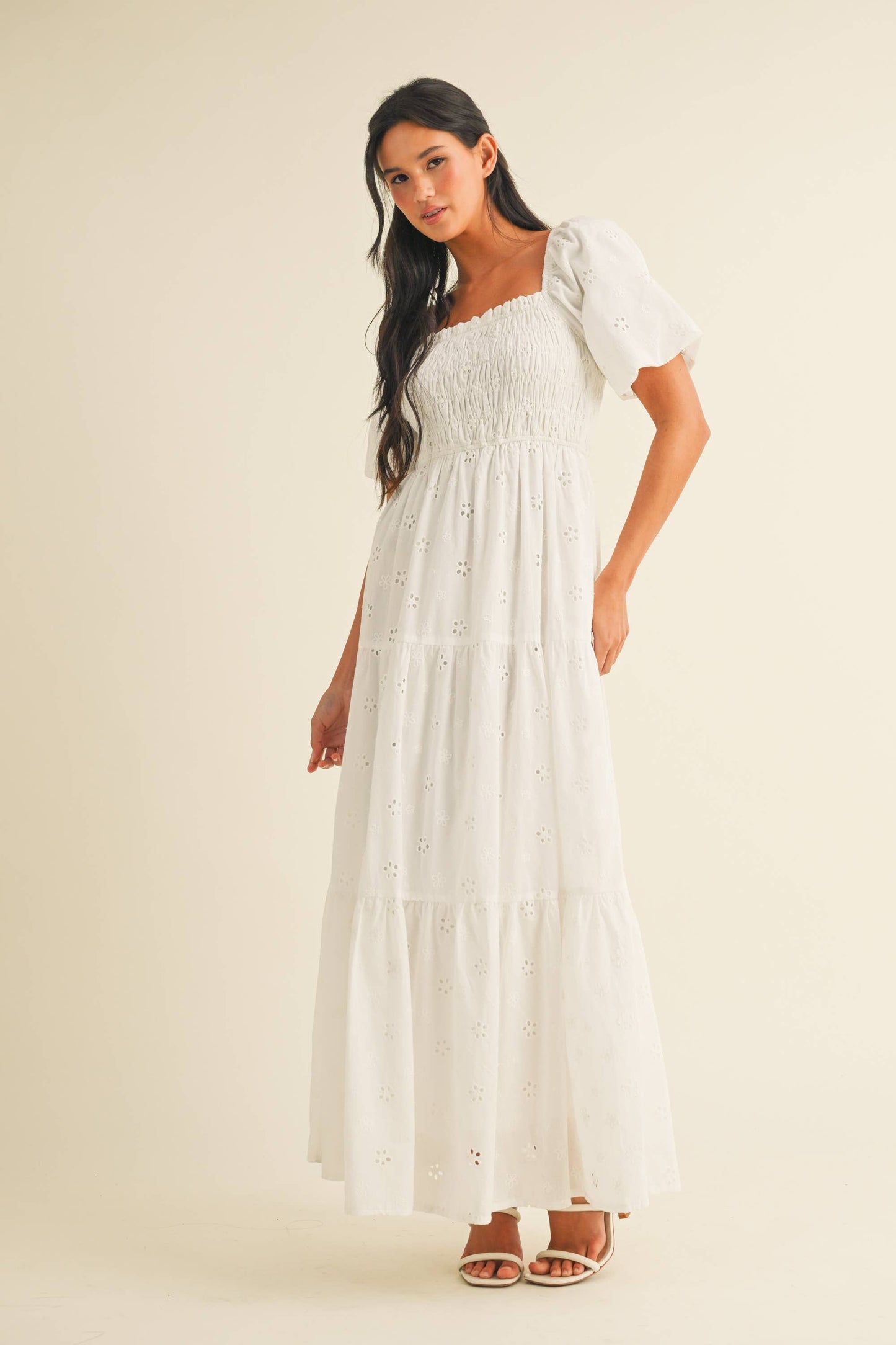 ID8852 EYELET PUFF SLEEVES MIDI DRESS WITH SMOCKING