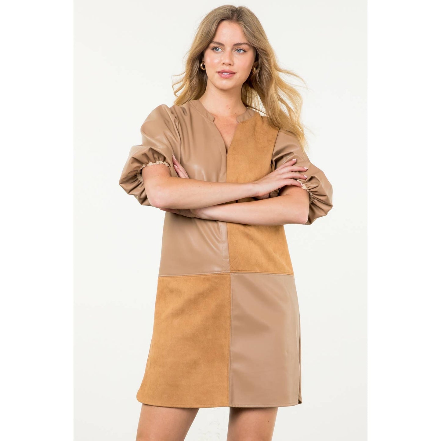 Mixed Media Puff Sleeve Dress