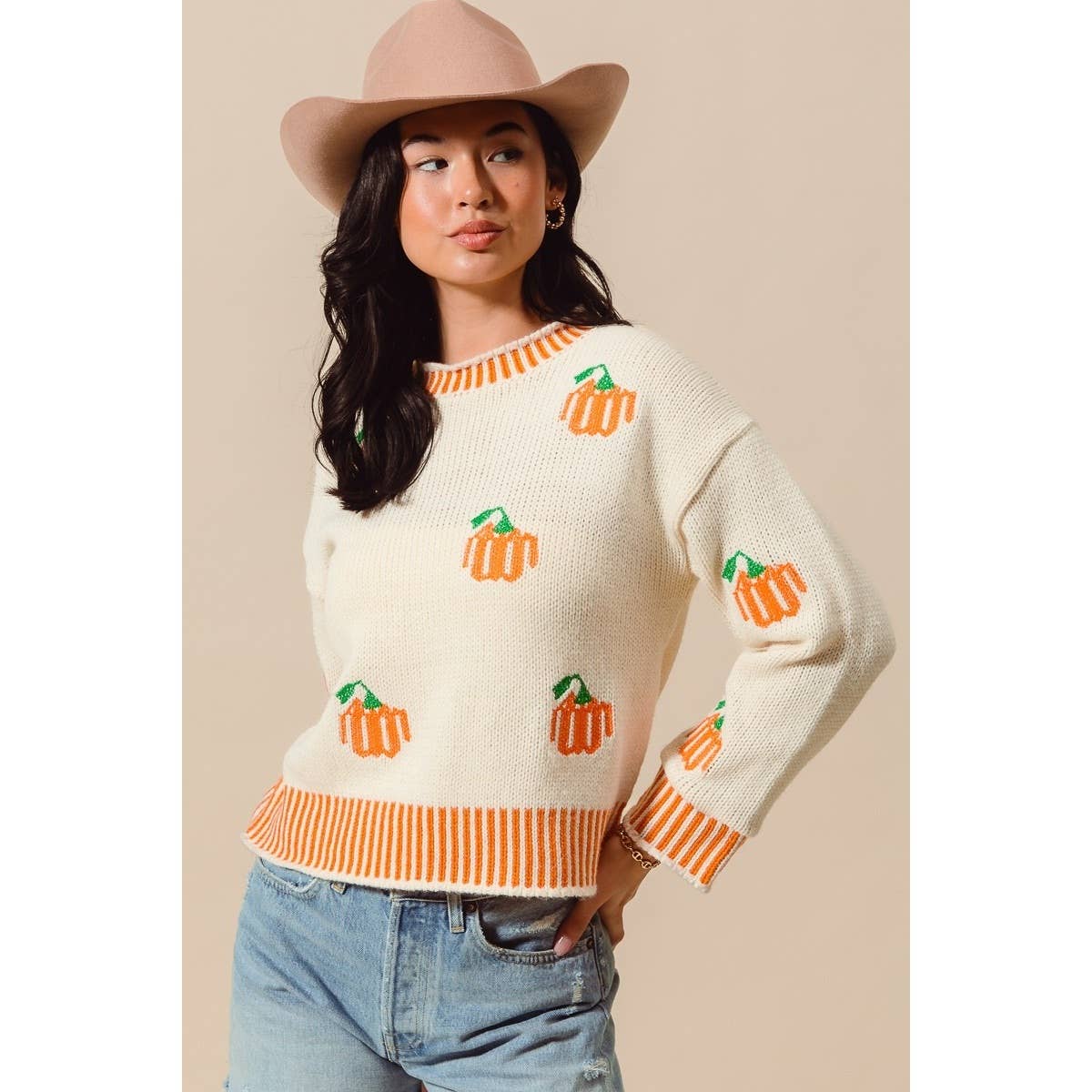Pumpkin Embroidery Stripe Rib Hem Halloween Top