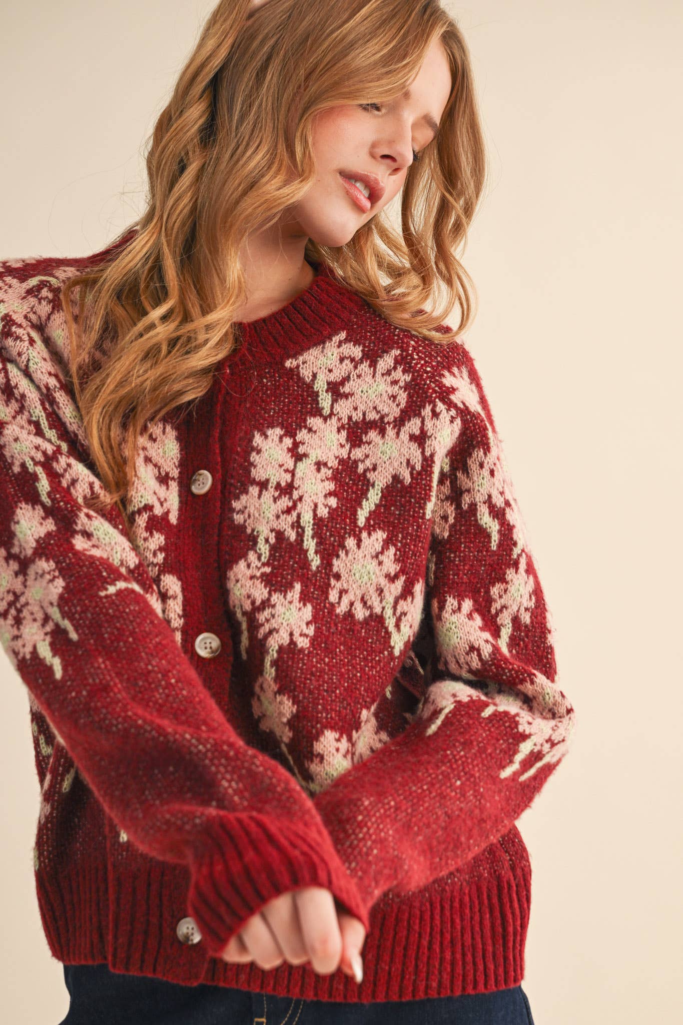 FLORAL KNIT BUTTON DOWN SWEATER CARDIGAN MSW11238