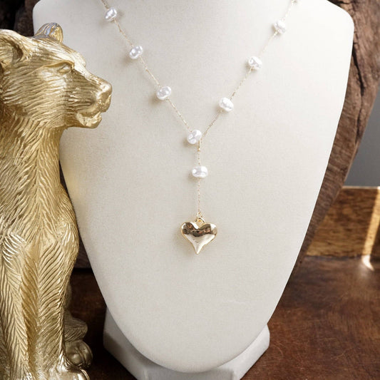 Pearl Lariat Necklace with Puffy Heart Pendant – Gold Tone
